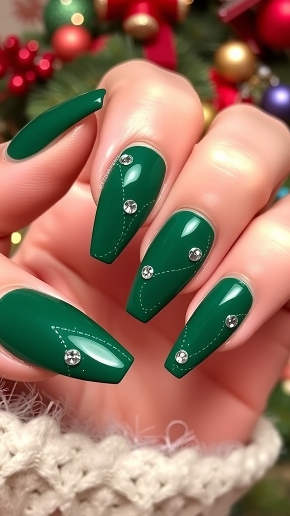 Classy Green Coffin Christmas Nails Classy green coffin Christmas nails with glitter and rhinestones on a festive background.
